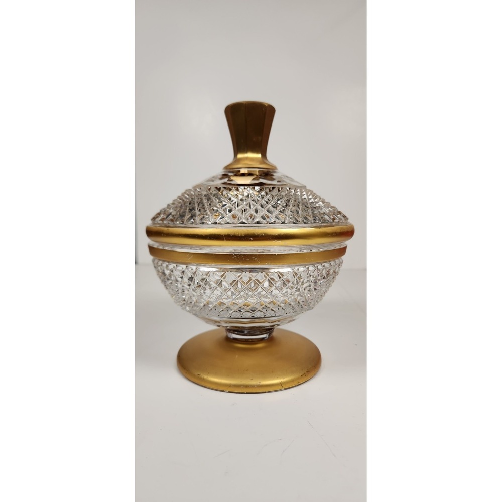 Vintage Moser Style Heavy Cut Crystal Lidded Candy Dish Gold Gilt Pedestal Cover